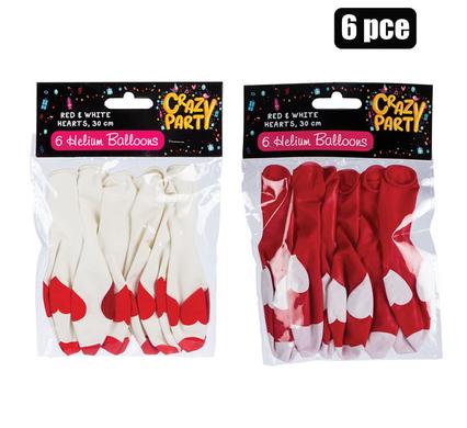 PACK OF 6 RED/WHITE ASSORTED HEART BALLOONS