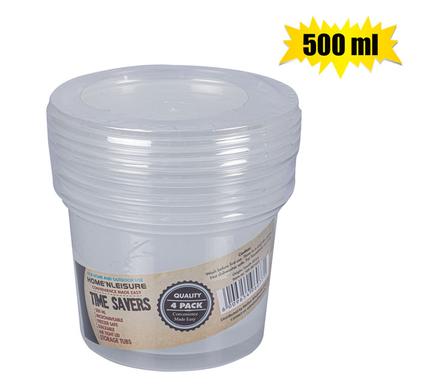 CLEAR 4PC 500ML ROUND CONTAINERS 8CM HIGH