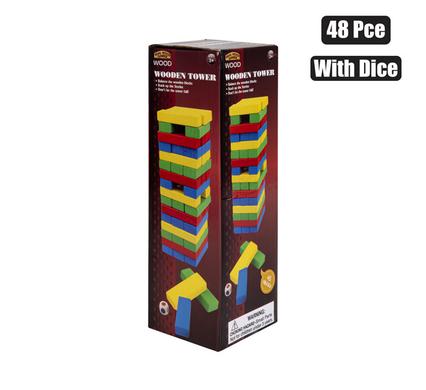 GAME WOOD TOWER COLOUR 48 PIECE WITH DICE