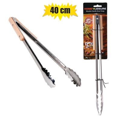 BBQ TONGS STAINLESS STEEL 40cm WOODEN HANDLE