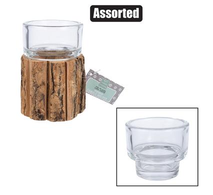 CANDLE HOLDER WOODEN RUSTIC WITH GLASS CUP